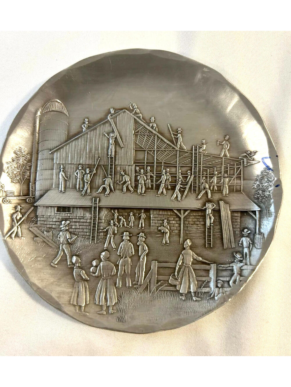 Vintage Pewter Wall Plaque Plate Barn Raising Farm Scene 5 Inch Decor